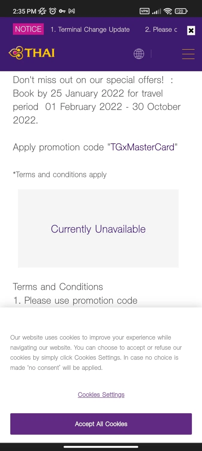Thai Airways checkout page showing Thai Airways promo code box | Screenshot taken by SimplyCodes community member on Nov 30, 2022