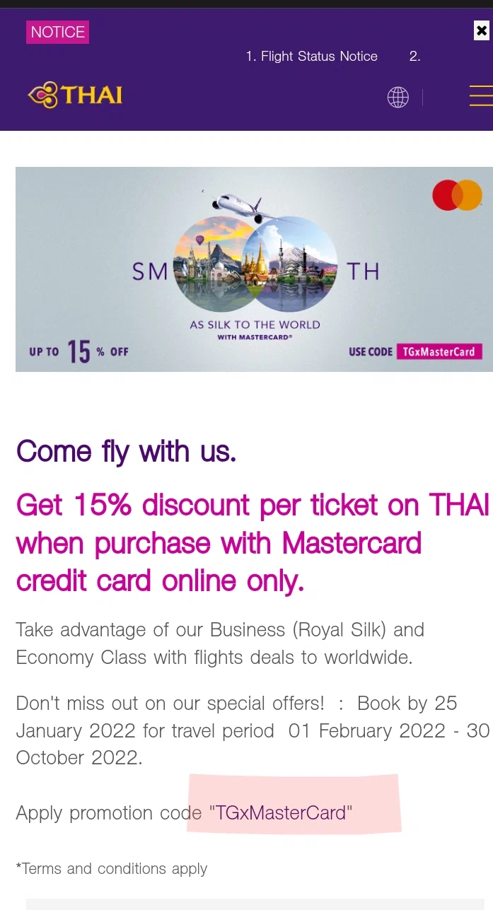 Thai Airways checkout page showing Thai Airways promo code box | Screenshot taken by SimplyCodes community member on Dec 27, 2022