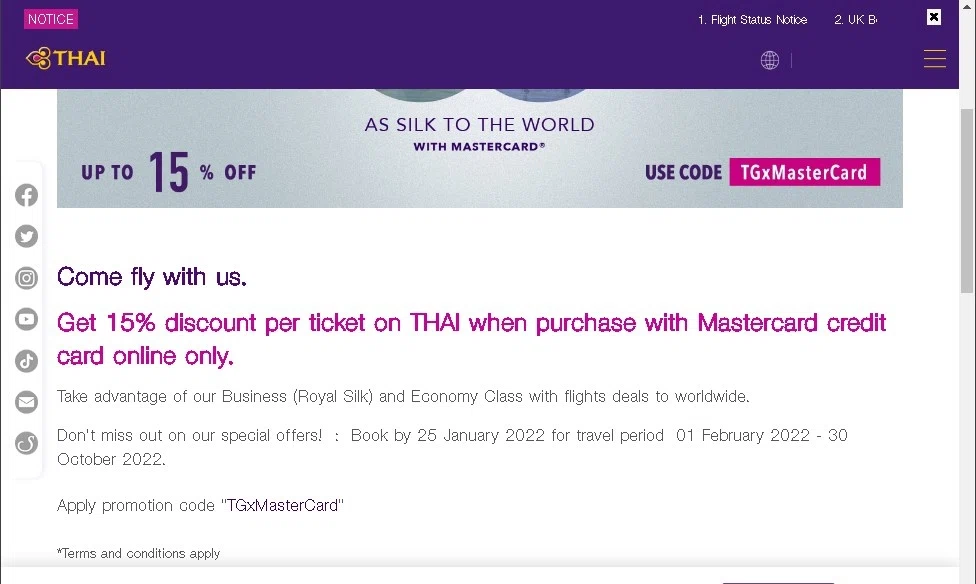 Thai Airways checkout page showing Thai Airways promo code box | Screenshot taken by SimplyCodes community member on Dec 23, 2022