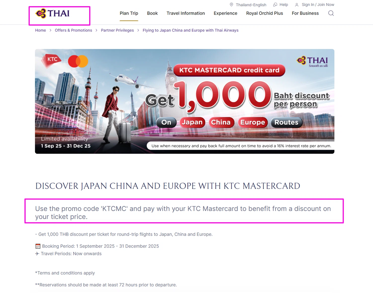 Thai Airways promo code screenshot showing code KTCMC applied at Thai Airways checkout page. Uploaded by SimplyCodes community member mrdarcy on Oct 2, 2025