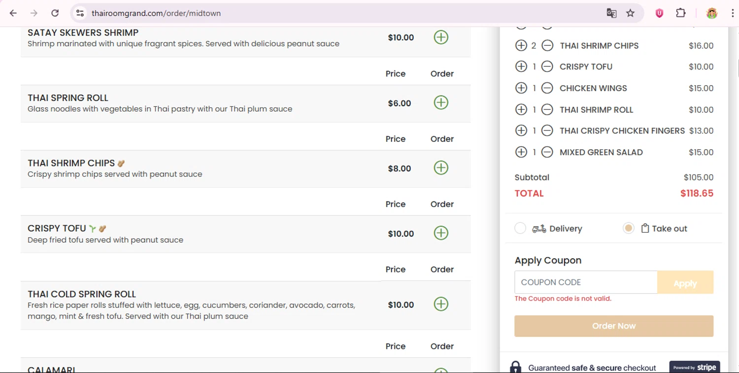 ThairoomGrand promo code screenshot showing code FIRSTTIME applied at ThairoomGrand checkout page. Uploaded by SimplyCodes community member laurachirinos on Sep 5, 2025