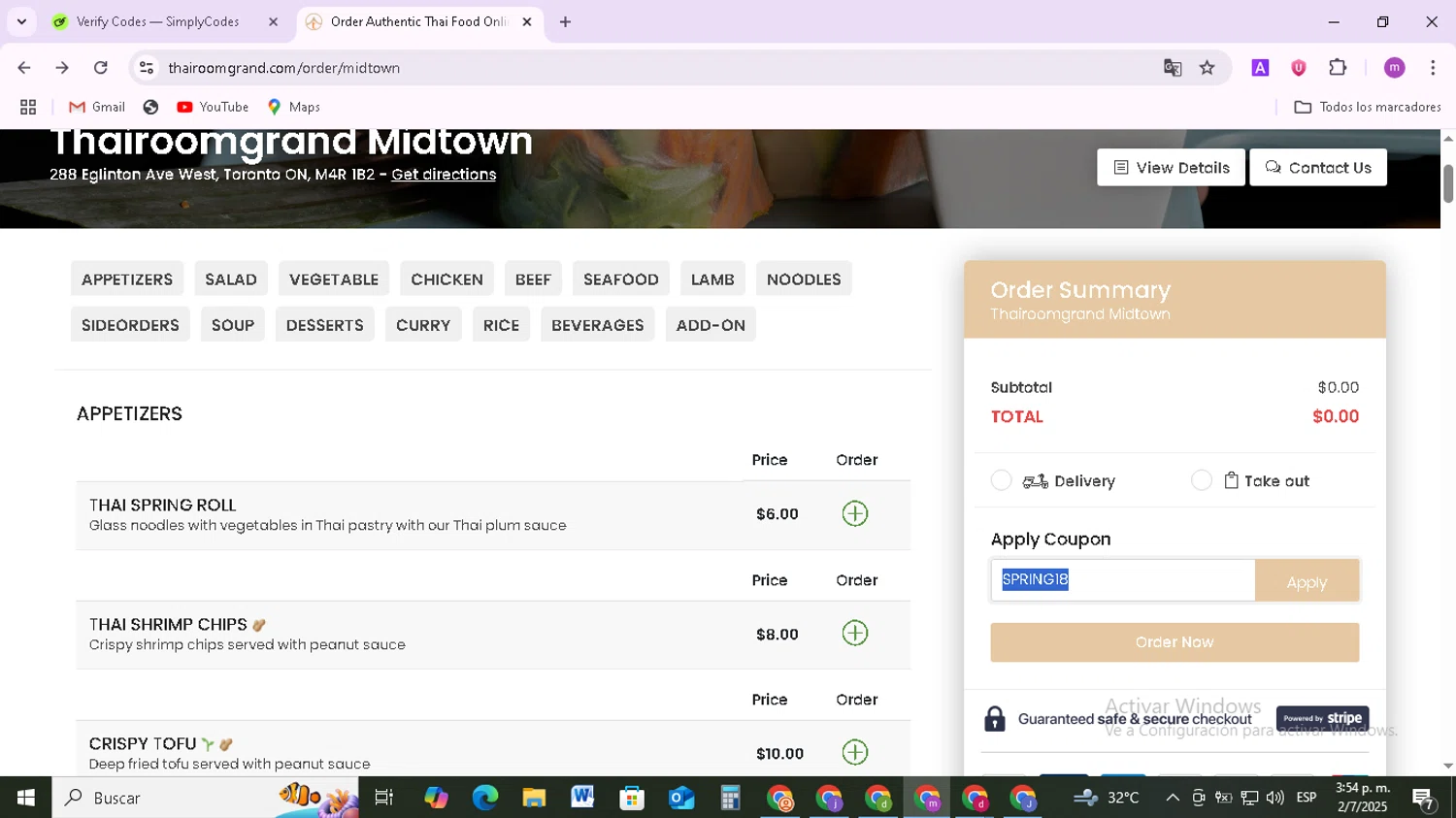 ThairoomGrand promo code screenshot showing code SPRING18 applied at ThairoomGrand checkout page. Uploaded by SimplyCodes community member BudgetMonarch8952 on Jul 2, 2025