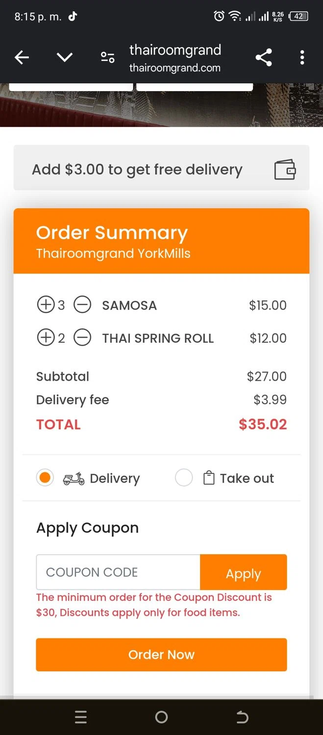 ThairoomGrand checkout page showing ThairoomGrand promo code box | Screenshot taken by SimplyCodes community member on Nov 1, 2024