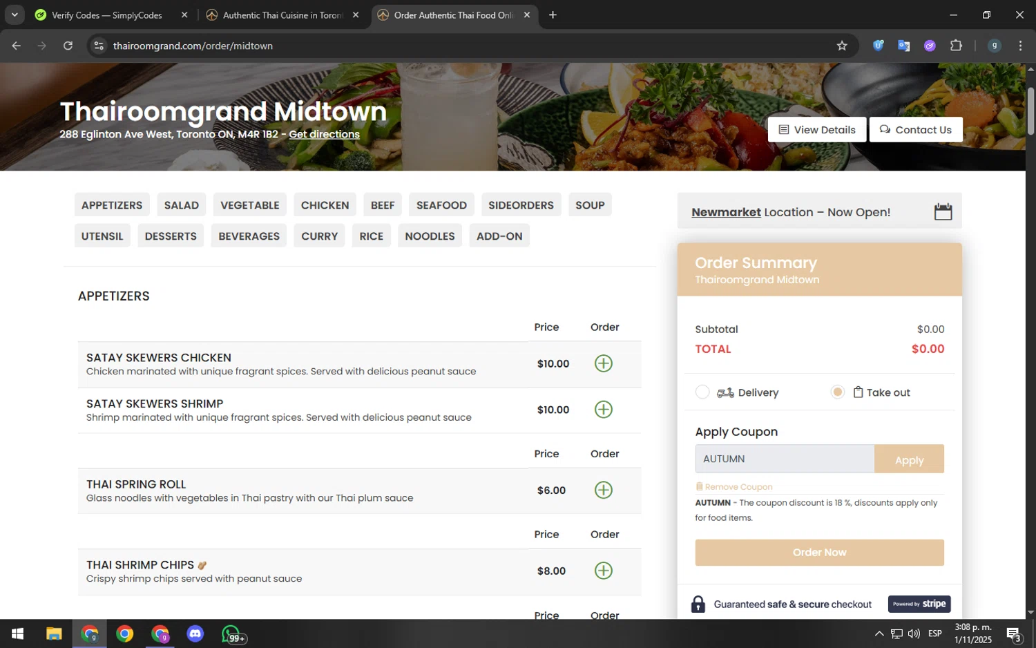 ThairoomGrand promo code screenshot showing code AUTUMN applied at ThairoomGrand checkout page. Uploaded by SimplyCodes community member youngchecker2 on Nov 1, 2025