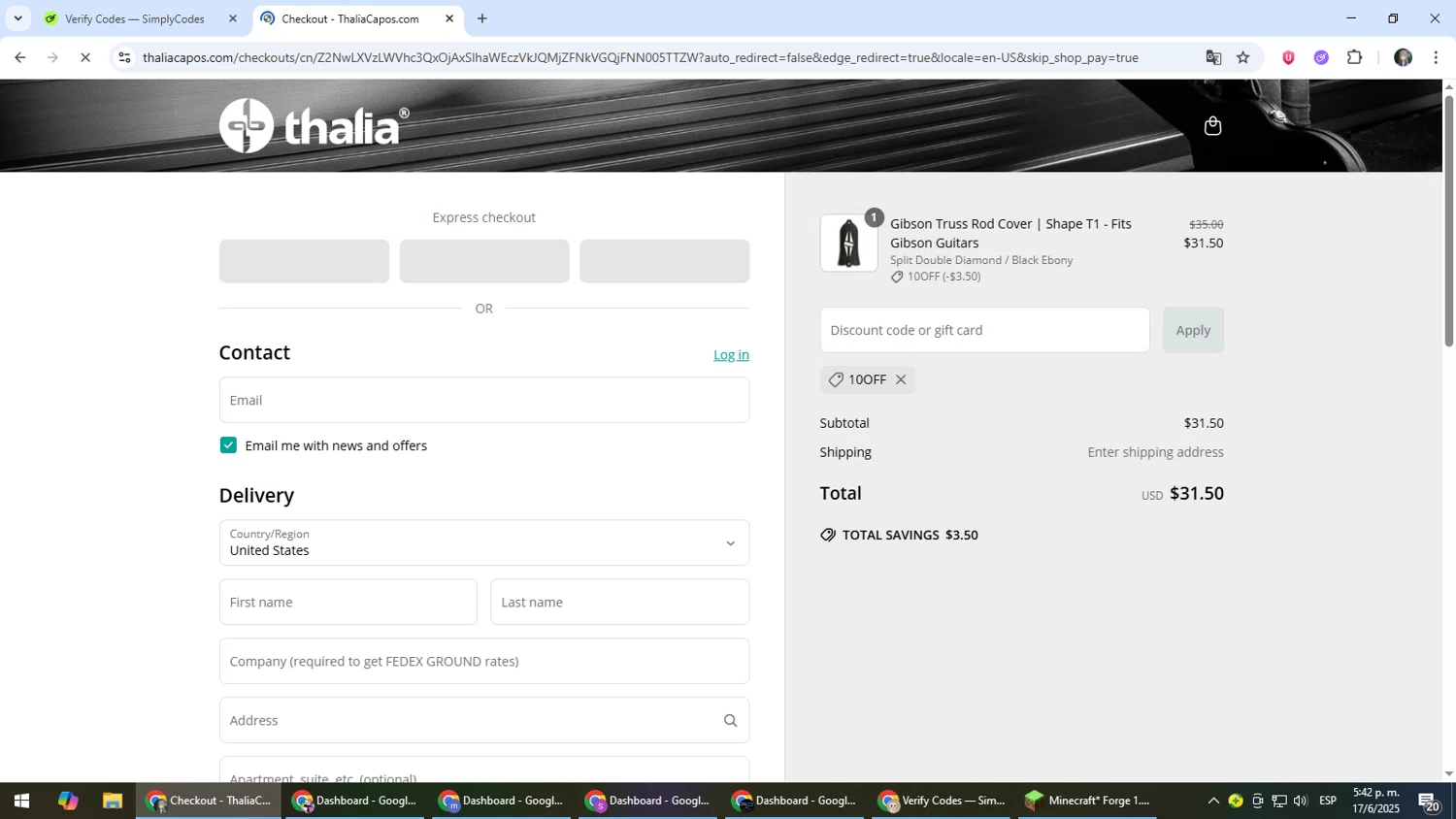 Thalia Capos discount code screenshot showing code 10OFF applied at Thalia Capos checkout page. Uploaded by SimplyCodes community member CleverLynx6871 on Jun 17, 2025