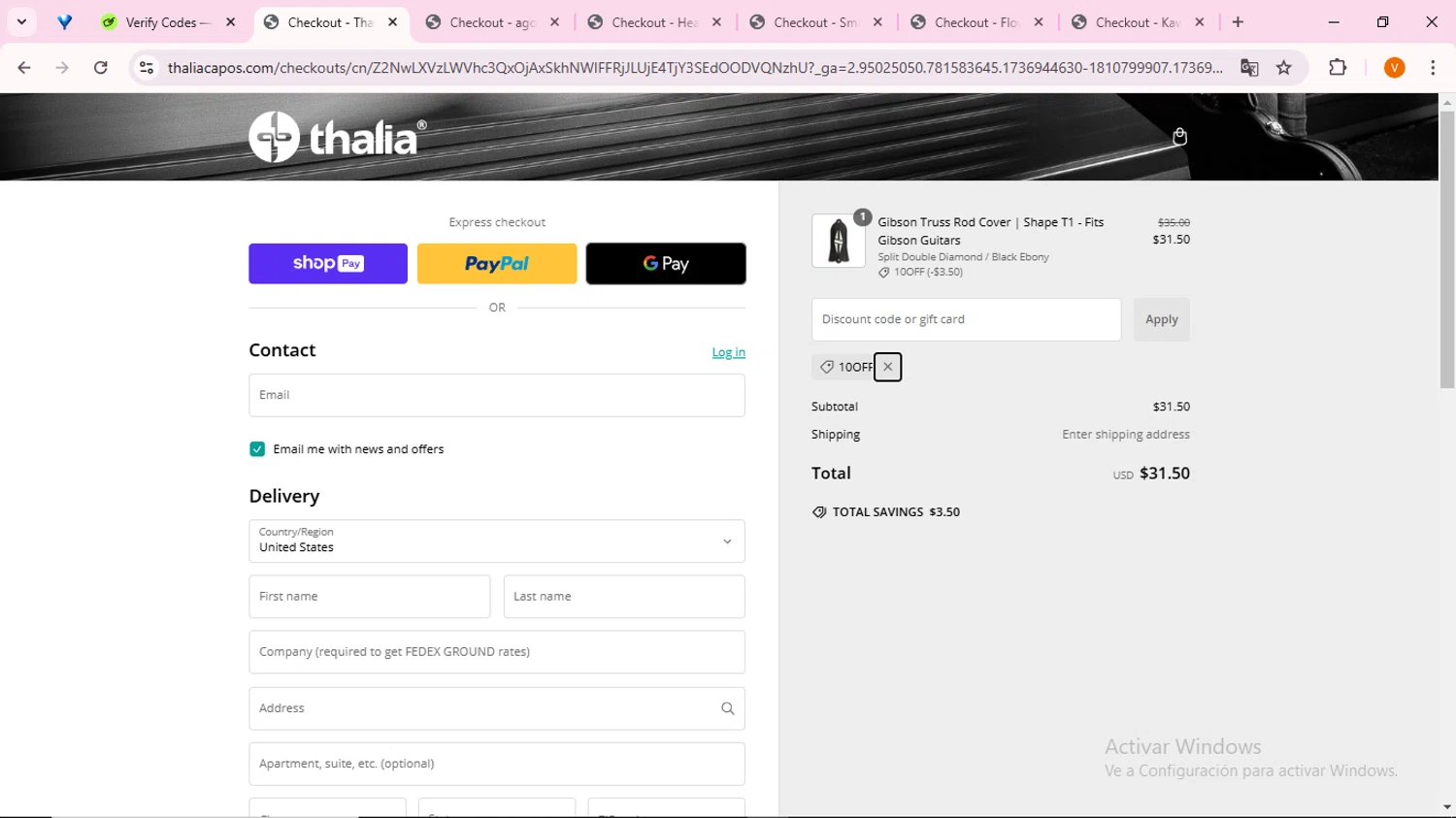 Thalia Capos discount code screenshot showing code 10OFF applied at Thalia Capos checkout page. Uploaded by SimplyCodes community member FortunateFinder9465 on Jan 15, 2025