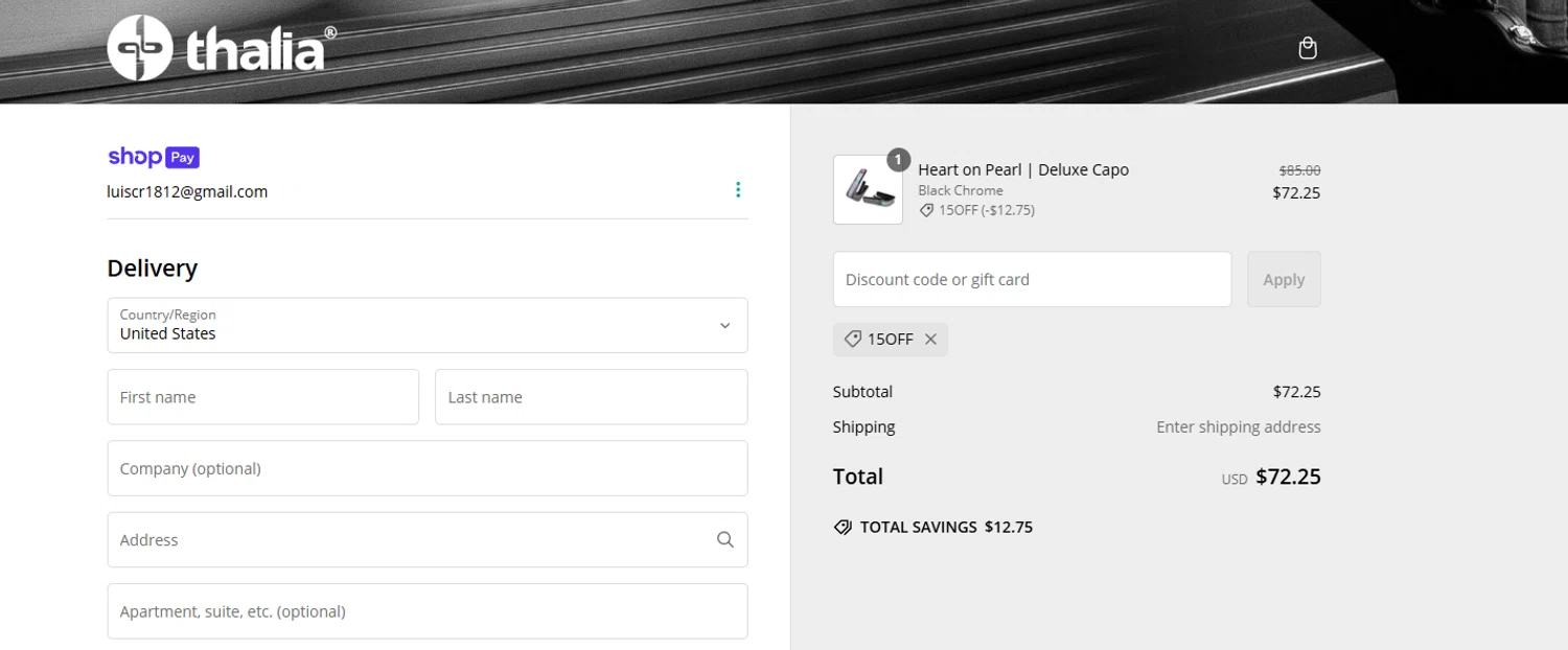 Thalia Capos discount code screenshot showing code 15OFF applied at Thalia Capos checkout page. Uploaded by SimplyCodes community member RoyalHunter7313 on Feb 25, 2025