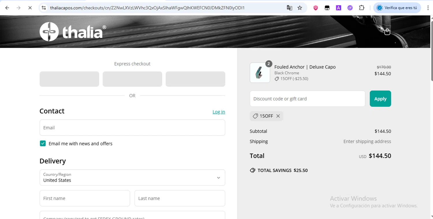 Thalia Capos discount code screenshot showing code 15OFF applied at Thalia Capos checkout page. Uploaded by SimplyCodes community member yhlmdlgn on Jun 17, 2025