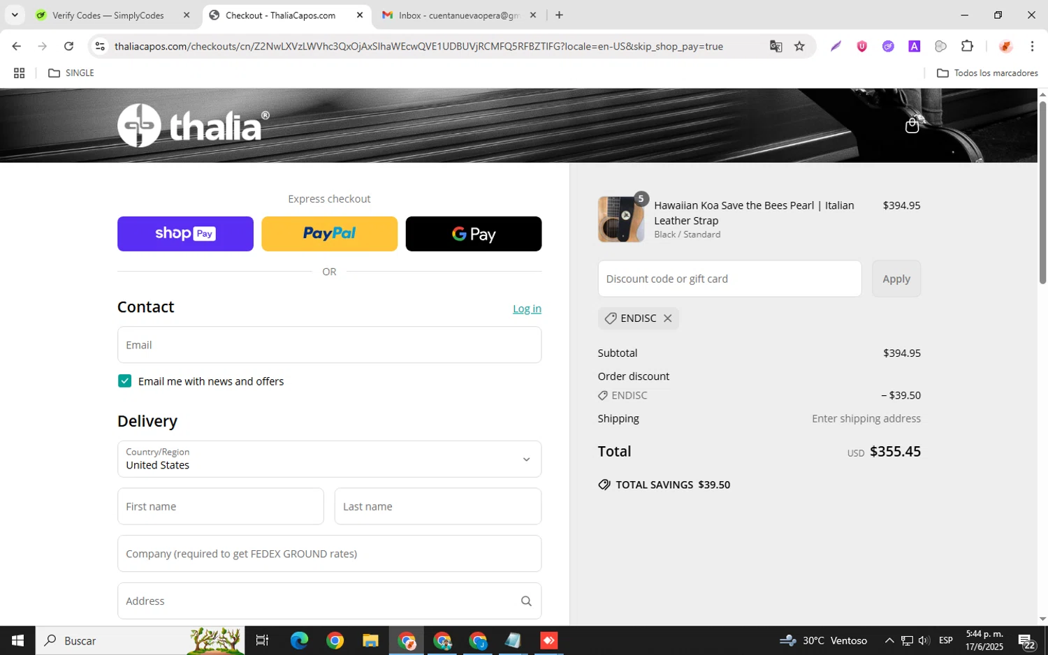 Thalia Capos discount code screenshot showing code ENDISC applied at Thalia Capos checkout page. Uploaded by SimplyCodes community member donaldJtrump on Jun 17, 2025