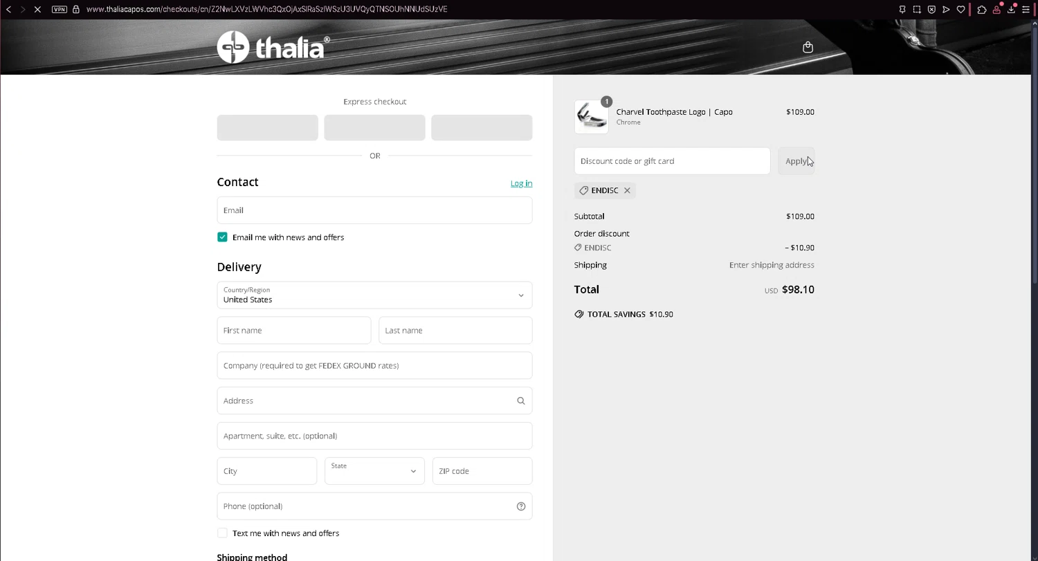 Thalia Capos discount code screenshot showing code ENDISC applied at Thalia Capos checkout page. Uploaded by SimplyCodes community member leonardjose on May 11, 2025