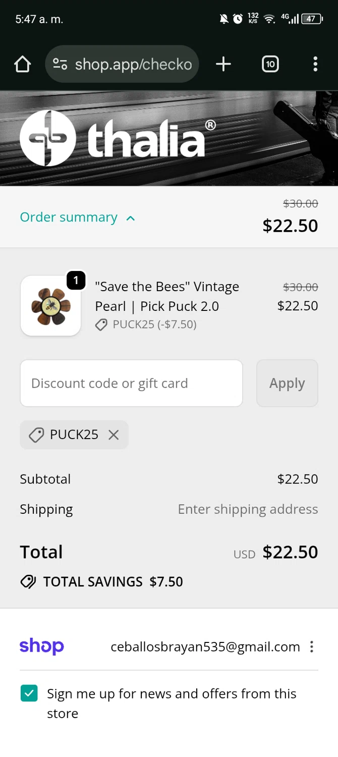 Thalia Capos discount code screenshot showing code PUCK25 applied at Thalia Capos checkout page. Uploaded by SimplyCodes community member Bernado on Sep 22, 2025