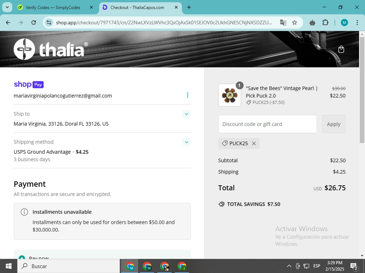 Thalia Capos discount code screenshot showing code PUCK25 applied at Thalia Capos checkout page. Uploaded by SimplyCodes community member estrellaveloz on Feb 15, 2025