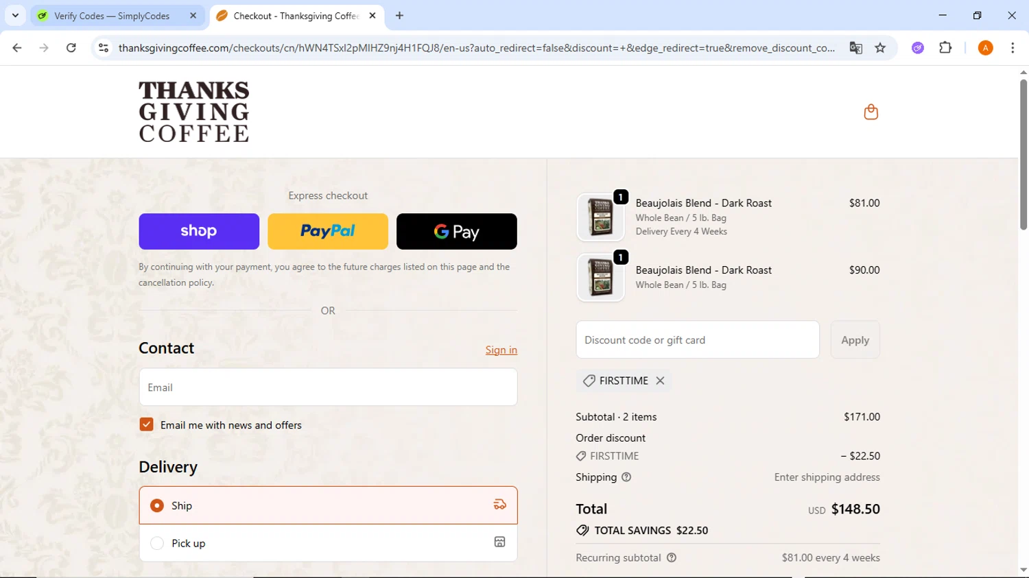 Thanksgiving Coffee discount code screenshot showing code FIRSTTIME applied at Thanksgiving Coffee checkout page. Uploaded by SimplyCodes community member ThriftyMaverick437 on Oct 24, 2025