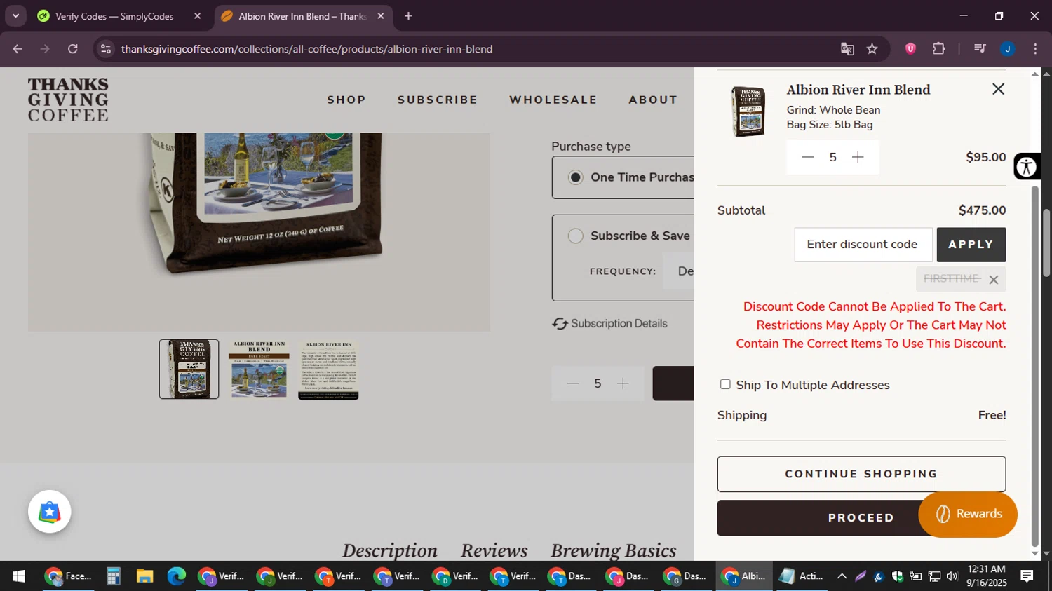 Thanksgiving Coffee discount code screenshot showing code FIRSTTIME applied at Thanksgiving Coffee checkout page. Uploaded by SimplyCodes community member noesmith34ur on Sep 16, 2025