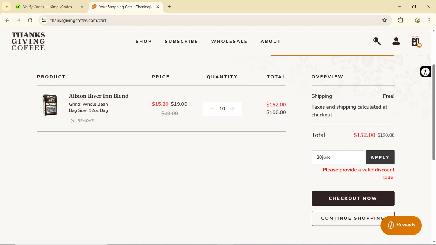 Thanksgiving Coffee discount code screenshot showing code 20june applied at Thanksgiving Coffee checkout page. Uploaded by SimplyCodes community member Luisitoxd12 on Jun 17, 2025