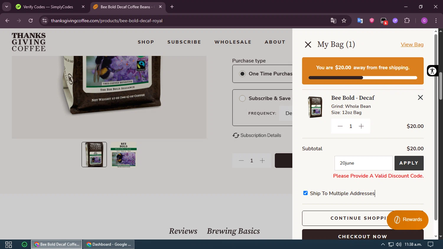 Thanksgiving Coffee discount code screenshot showing code 20june applied at Thanksgiving Coffee checkout page. Uploaded by SimplyCodes community member RewardHero5435 on Jun 17, 2025