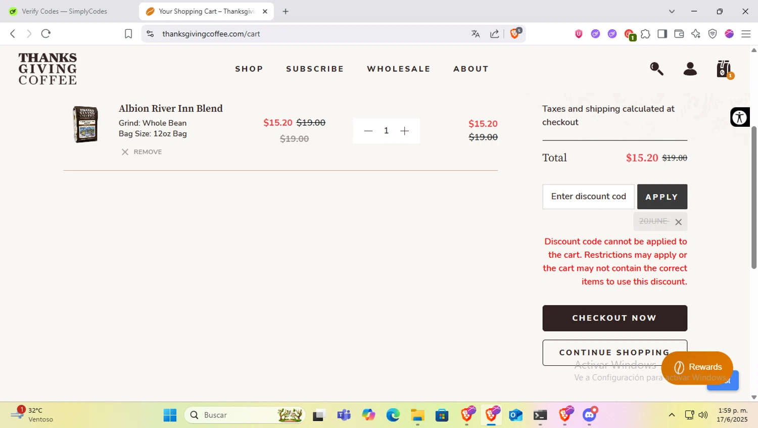 Thanksgiving Coffee discount code screenshot showing code 20june applied at Thanksgiving Coffee checkout page. Uploaded by SimplyCodes community member SapeGato on Jun 17, 2025