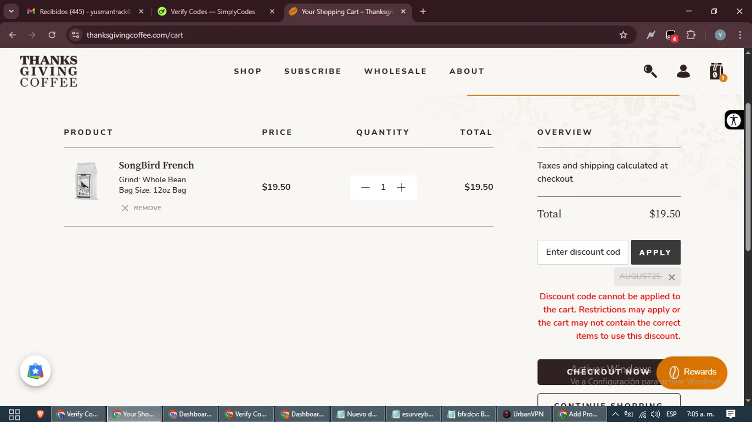 Thanksgiving Coffee discount code screenshot showing code August25 applied at Thanksgiving Coffee checkout page. Uploaded by SimplyCodes community member MoneyTiger5162 on Aug 22, 2025