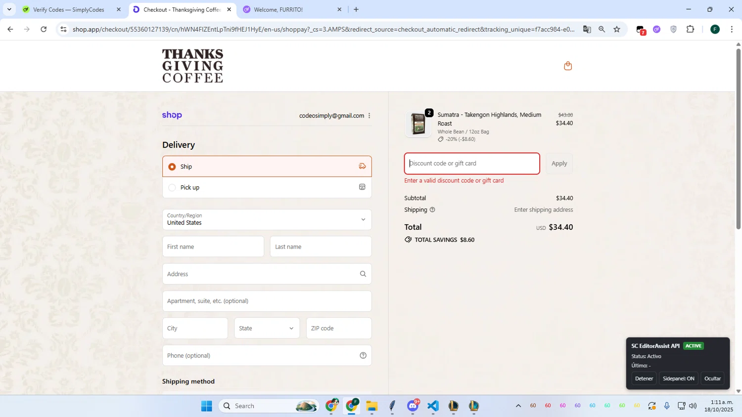 Thanksgiving Coffee discount code screenshot showing code OCTOBERFLASH applied at Thanksgiving Coffee checkout page. Uploaded by SimplyCodes community member Juanse on Oct 18, 2025