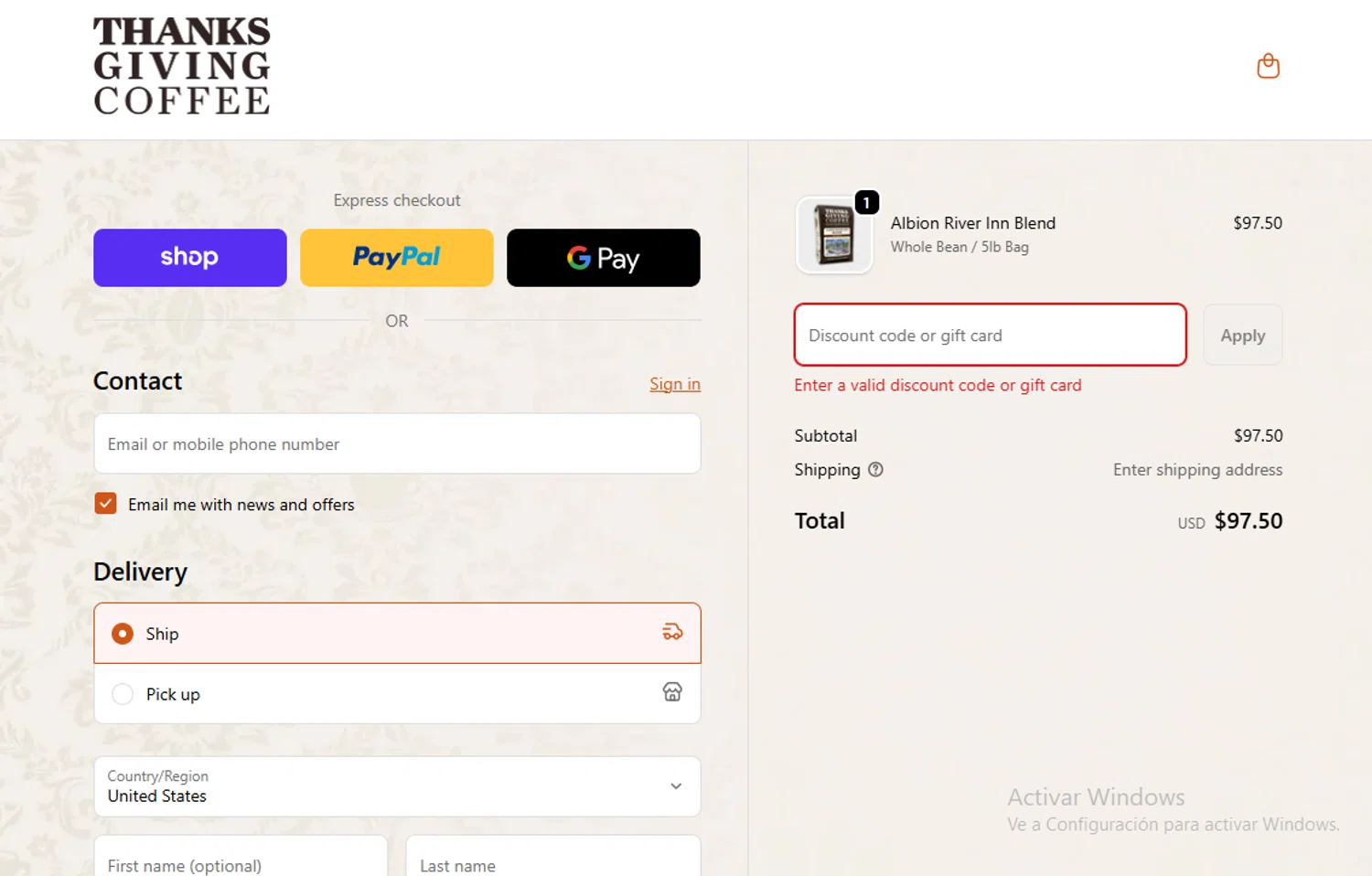 Thanksgiving Coffee discount code screenshot showing code OCTOBERFLASH applied at Thanksgiving Coffee checkout page. Uploaded by SimplyCodes community member Lestara_23 on Oct 18, 2025