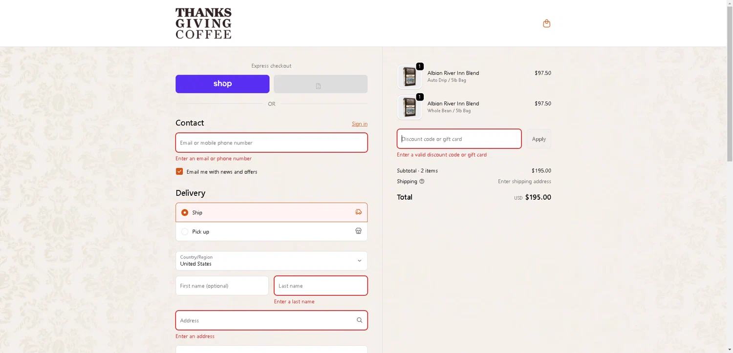 Thanksgiving Coffee discount code screenshot showing code OCTOBERFLASH applied at Thanksgiving Coffee checkout page. Uploaded by SimplyCodes community member ValueWarden2887 on Oct 18, 2025