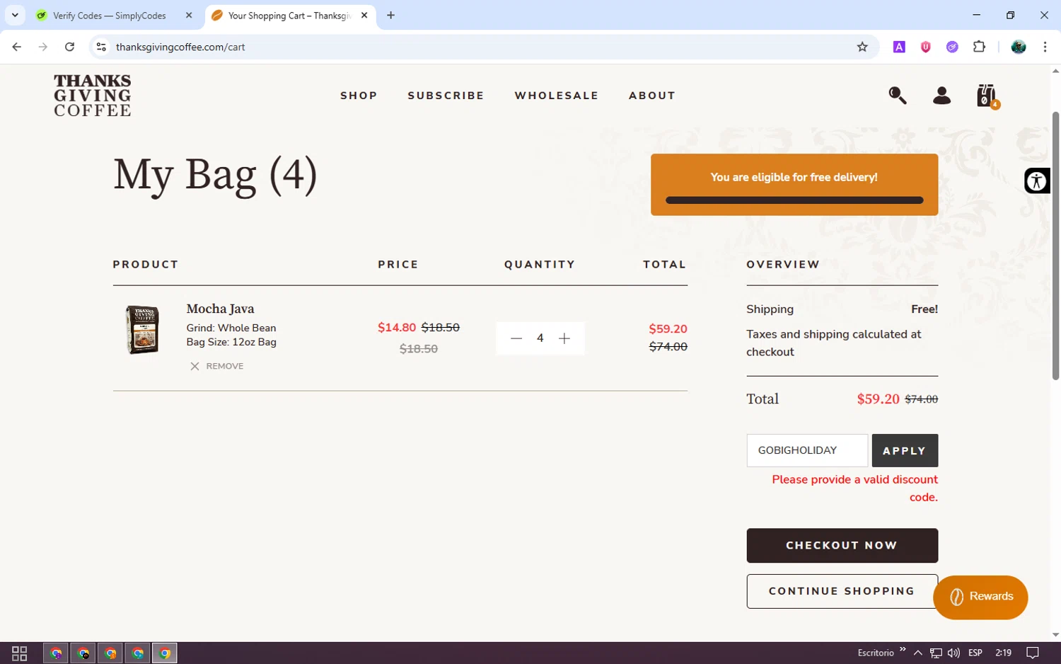 Thanksgiving Coffee discount code screenshot showing code GOBIGHOLIDAY applied at Thanksgiving Coffee checkout page. Uploaded by SimplyCodes community member neurioandrades on Nov 29, 2025