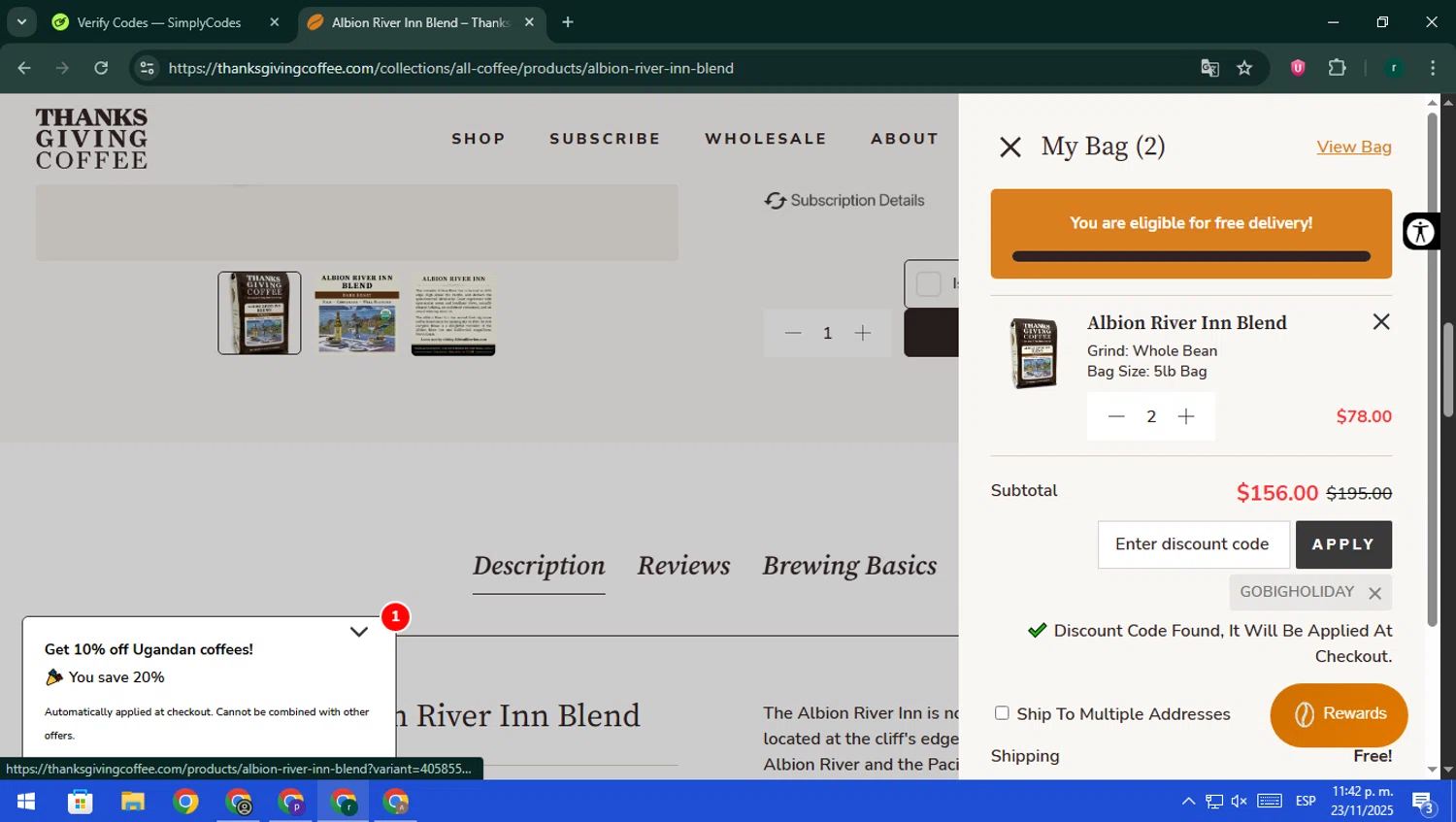 Thanksgiving Coffee discount code screenshot showing code GOBIGHOLIDAY applied at Thanksgiving Coffee checkout page. Uploaded by SimplyCodes community member rodri1 on Nov 24, 2025
