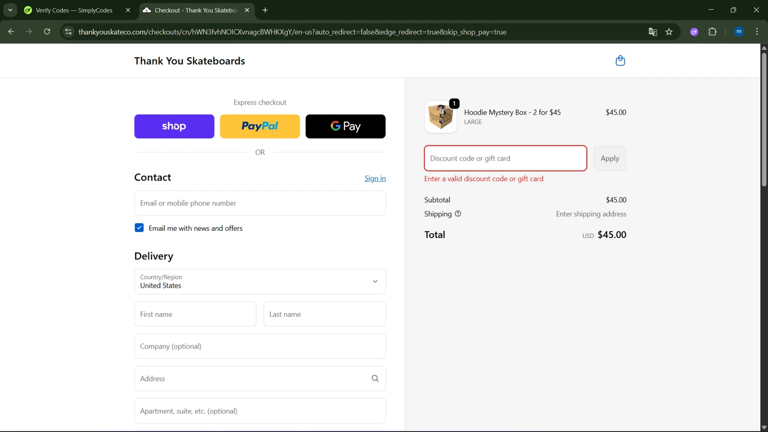 Thank You Skateboards promo code screenshot showing code VIP20 applied at Thank You Skateboards checkout page. Uploaded by SimplyCodes community member GloriousSpotter8024 on Oct 3, 2025