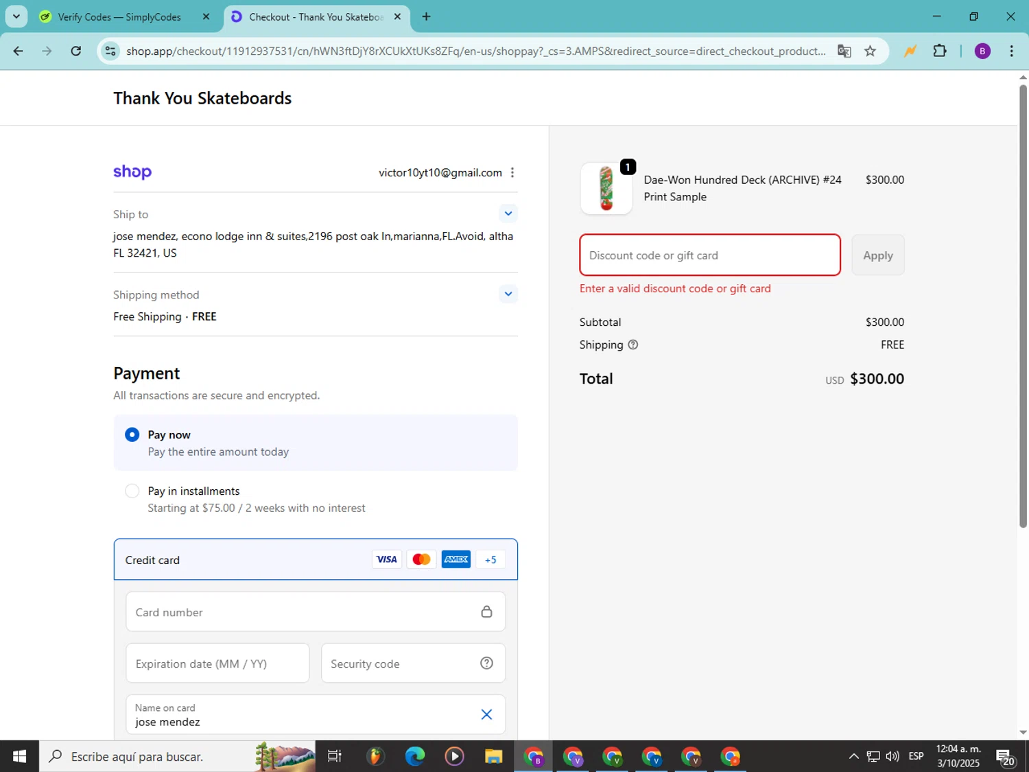 Thank You Skateboards promo code screenshot showing code VIP20 applied at Thank You Skateboards checkout page. Uploaded by SimplyCodes community member Soyvictor on Oct 3, 2025