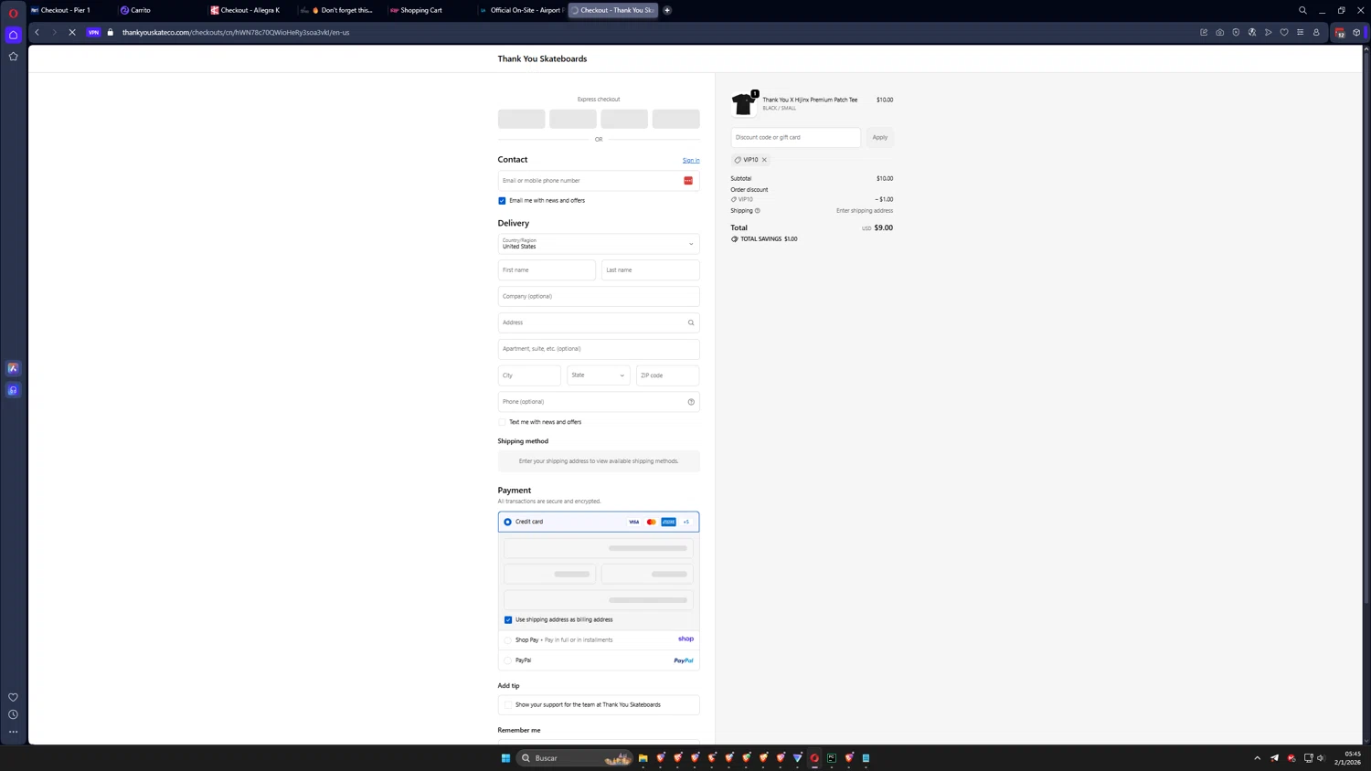 Thank You Skateboards promo code screenshot showing code Vip10 applied at Thank You Skateboards checkout page. Uploaded by SimplyCodes community member IronMind4607 on Jan 2, 2026