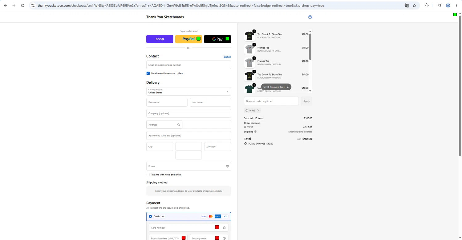 Thank You Skateboards checkout page showing Thank You Skateboards promo code box | Screenshot taken by SimplyCodes community member on Feb 17, 2026