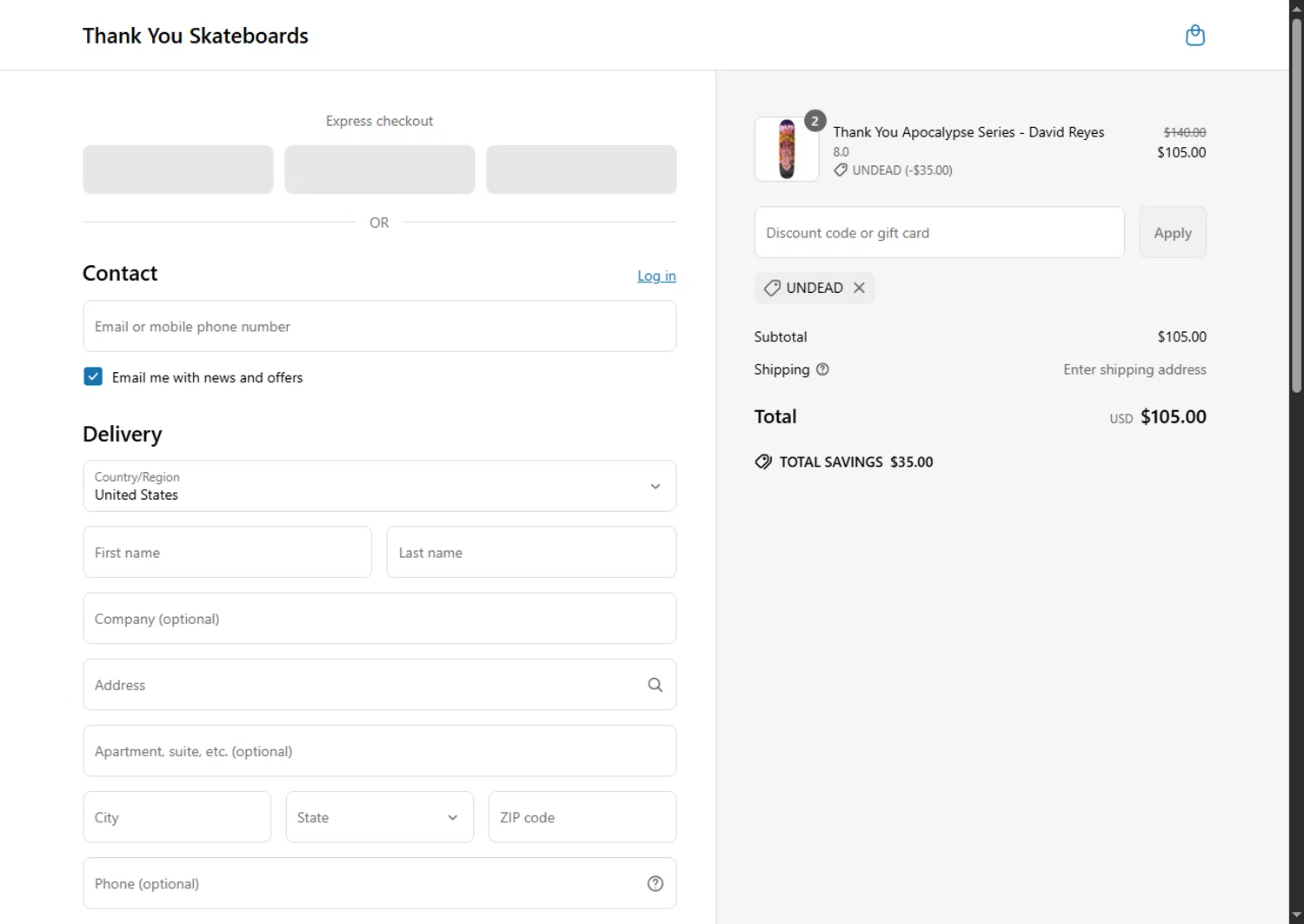 Thank You Skateboards promo code screenshot showing code undead applied at Thank You Skateboards checkout page. Uploaded by SimplyCodes community member Beaaalmera on Apr 25, 2025