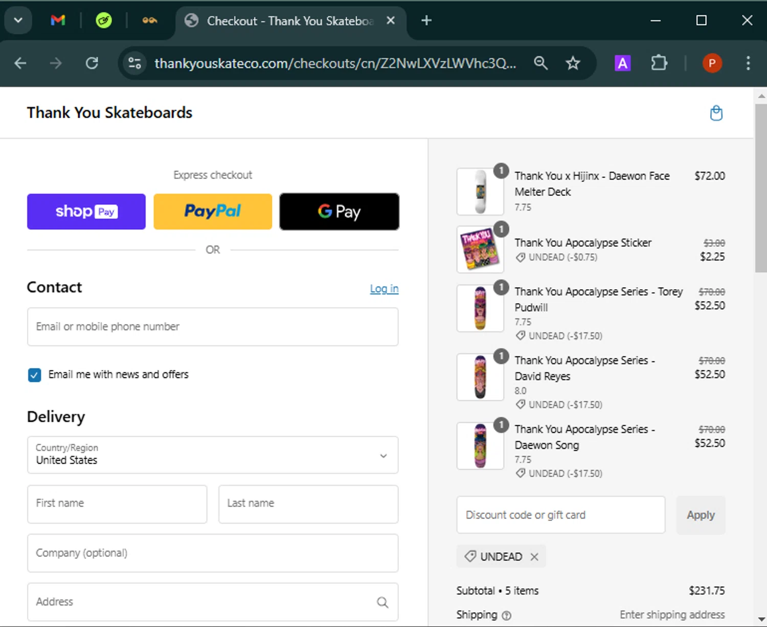 Thank You Skateboards promo code screenshot showing code undead applied at Thank You Skateboards checkout page. Uploaded by SimplyCodes community member Isabelle_adjanichamber on Dec 27, 2024