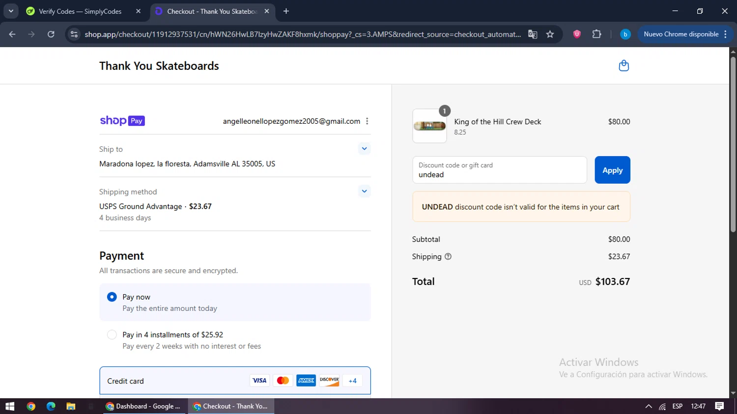 Thank You Skateboards promo code screenshot showing code undead applied at Thank You Skateboards checkout page. Uploaded by SimplyCodes community member bilijr on Aug 22, 2025