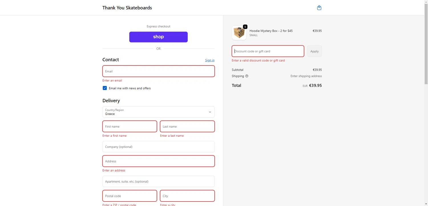 Thank You Skateboards promo code screenshot showing code GOSKATE applied at Thank You Skateboards checkout page. Uploaded by SimplyCodes community member BrilliantRanger9984 on Oct 7, 2025