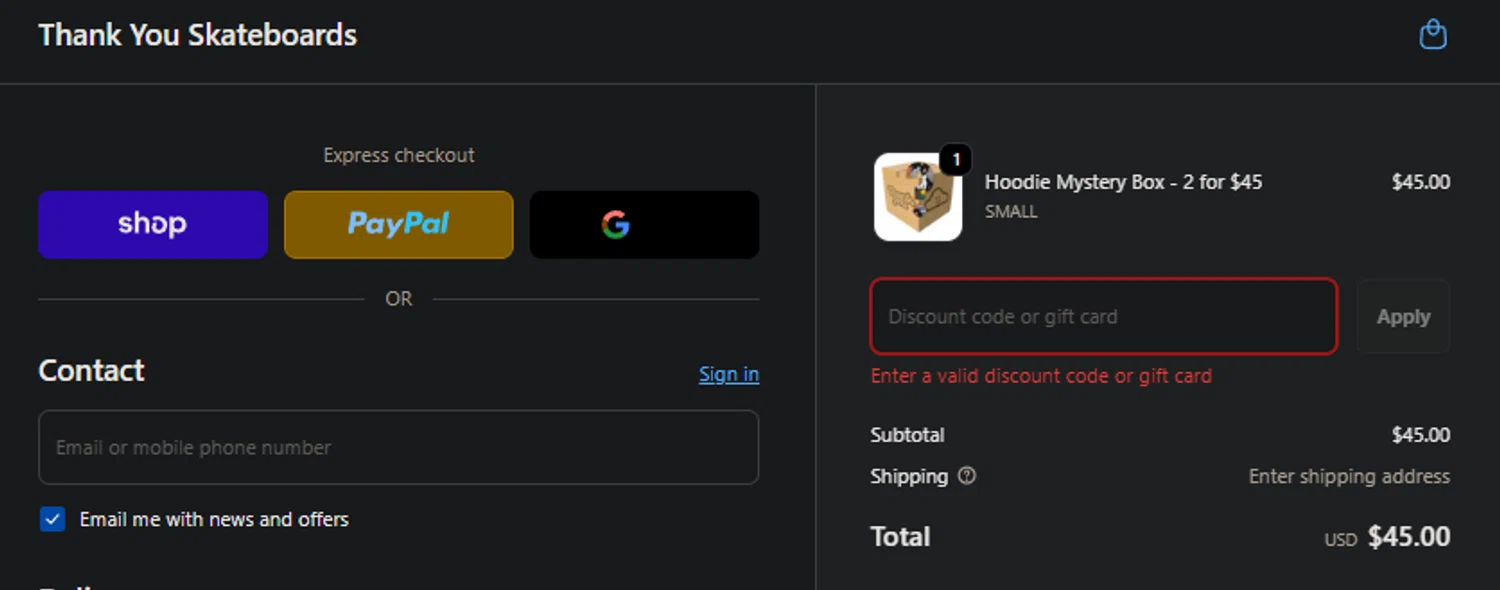 Thank You Skateboards promo code screenshot showing code GOSKATE applied at Thank You Skateboards checkout page. Uploaded by SimplyCodes community member SpiderGwen on Oct 7, 2025