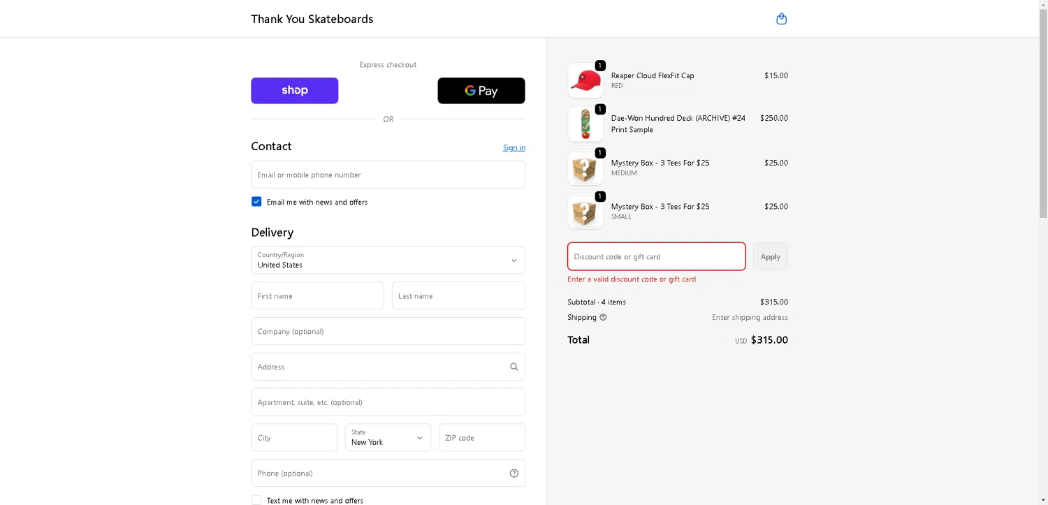 Thank You Skateboards promo code screenshot showing code GOSKATE applied at Thank You Skateboards checkout page. Uploaded by SimplyCodes community member VictoriousFinder4393 on Oct 7, 2025
