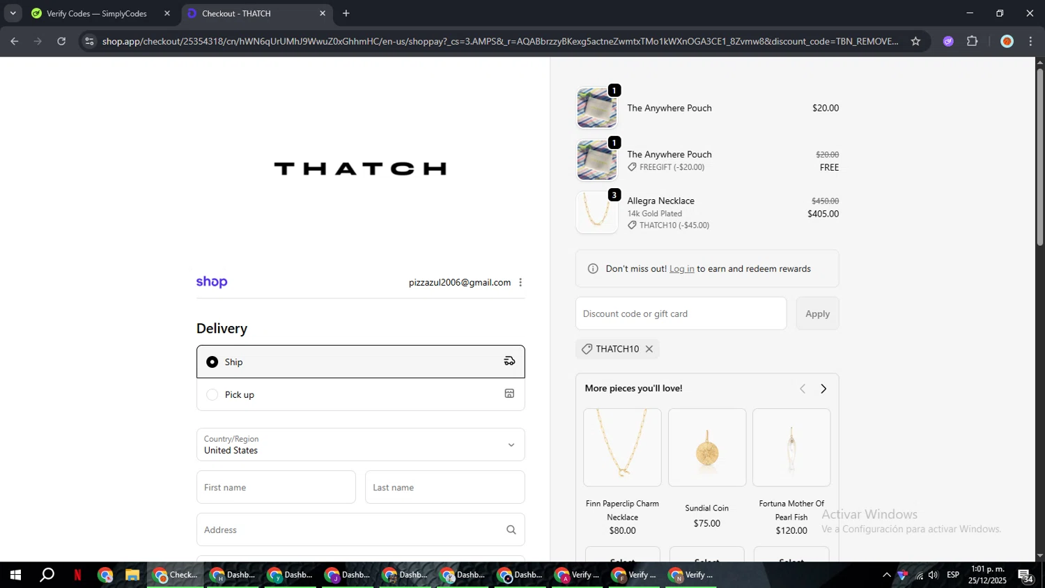 THATCH promo code screenshot showing code THATCH10 applied at THATCH checkout page. Uploaded by SimplyCodes community member BonusCaptain9927 on Dec 25, 2025