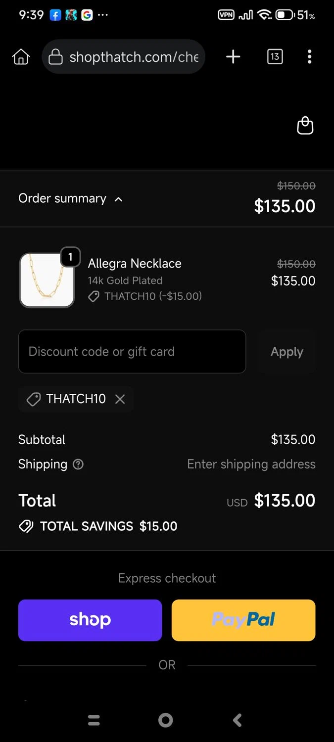 THATCH promo code screenshot showing code THATCH10 applied at THATCH checkout page. Uploaded by SimplyCodes community member cuenta03 on Oct 5, 2025