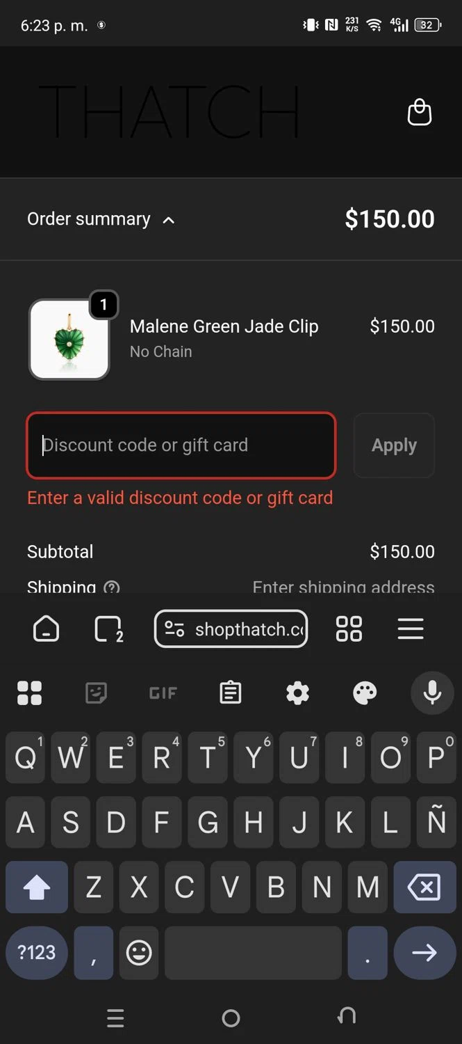 THATCH promo code screenshot showing code ARIELLE15 applied at THATCH checkout page. Uploaded by SimplyCodes community member CouponNavigator9812 on Oct 8, 2025