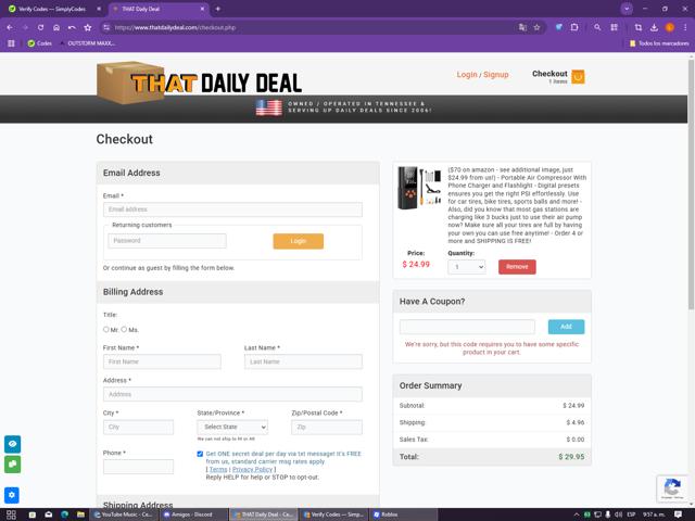 THAT Daily Deal checkout page showing THAT Daily Deal promo code box | Screenshot taken by SimplyCodes community member on Sep 12, 2025