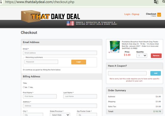 THAT Daily Deal checkout page showing THAT Daily Deal promo code box | Screenshot taken by SimplyCodes community member on Sep 6, 2025