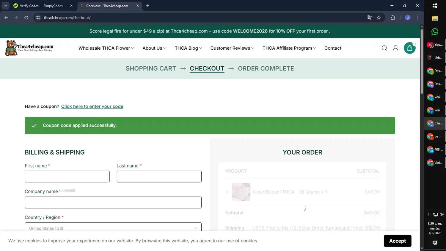 THCA4cheap.com promo code screenshot showing code saoly applied at THCA4cheap.com checkout page. Uploaded by SimplyCodes community member CouponGuardian8137 on Feb 3, 2026