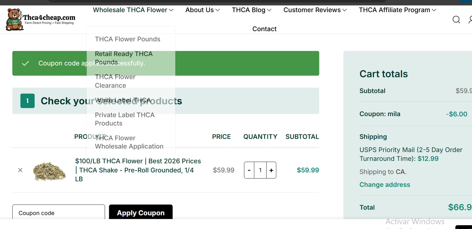 THCA4cheap.com checkout page showing THCA4cheap.com promo code box | Screenshot taken by SimplyCodes community member on Feb 3, 2026