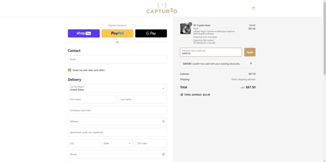 The 3D Gift checkout page showing The 3D Gift promo code box | Screenshot taken by SimplyCodes community member on Dec 27, 2024