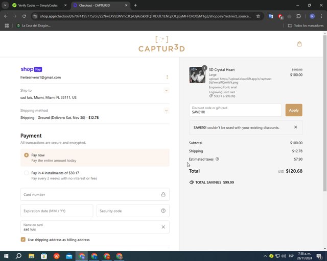 The 3D Gift checkout page showing The 3D Gift promo code box | Screenshot taken by SimplyCodes community member on Nov 28, 2024