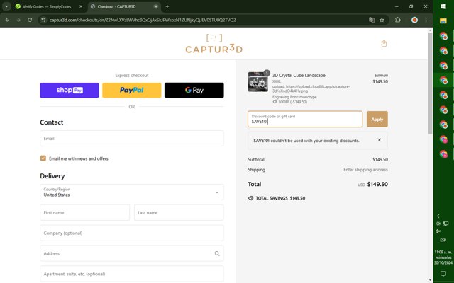 The 3D Gift checkout page showing The 3D Gift promo code box | Screenshot taken by SimplyCodes community member on Oct 30, 2024