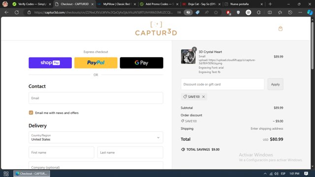 The 3D Gift checkout page showing The 3D Gift promo code box | Screenshot taken by SimplyCodes community member on Oct 1, 2024