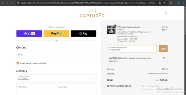 The 3D Gift checkout page showing The 3D Gift promo code box | Screenshot taken by SimplyCodes community member on Jan 25, 2025