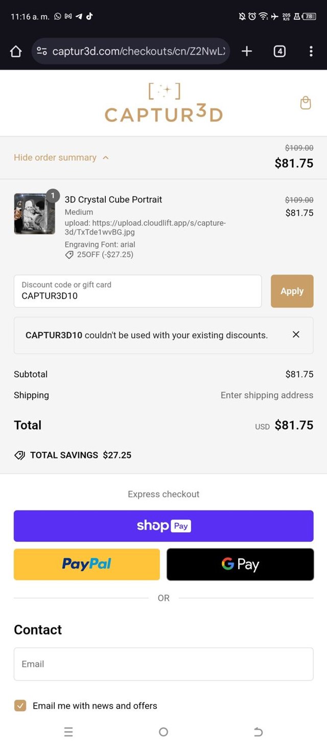 The 3D Gift checkout page showing The 3D Gift promo code box | Screenshot taken by SimplyCodes community member on Oct 30, 2024